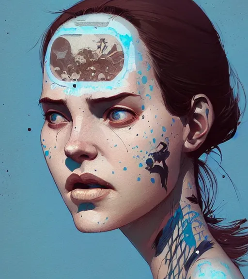 Image similar to portrait of a woman raised on the island face tatooes by atey ghailan, by greg rutkowski, by joe fenton, by kaethe butcher, by craig mullins, dynamic lighting, gradient light blue, brown, blonde cream and white color scheme, grunge aesthetic