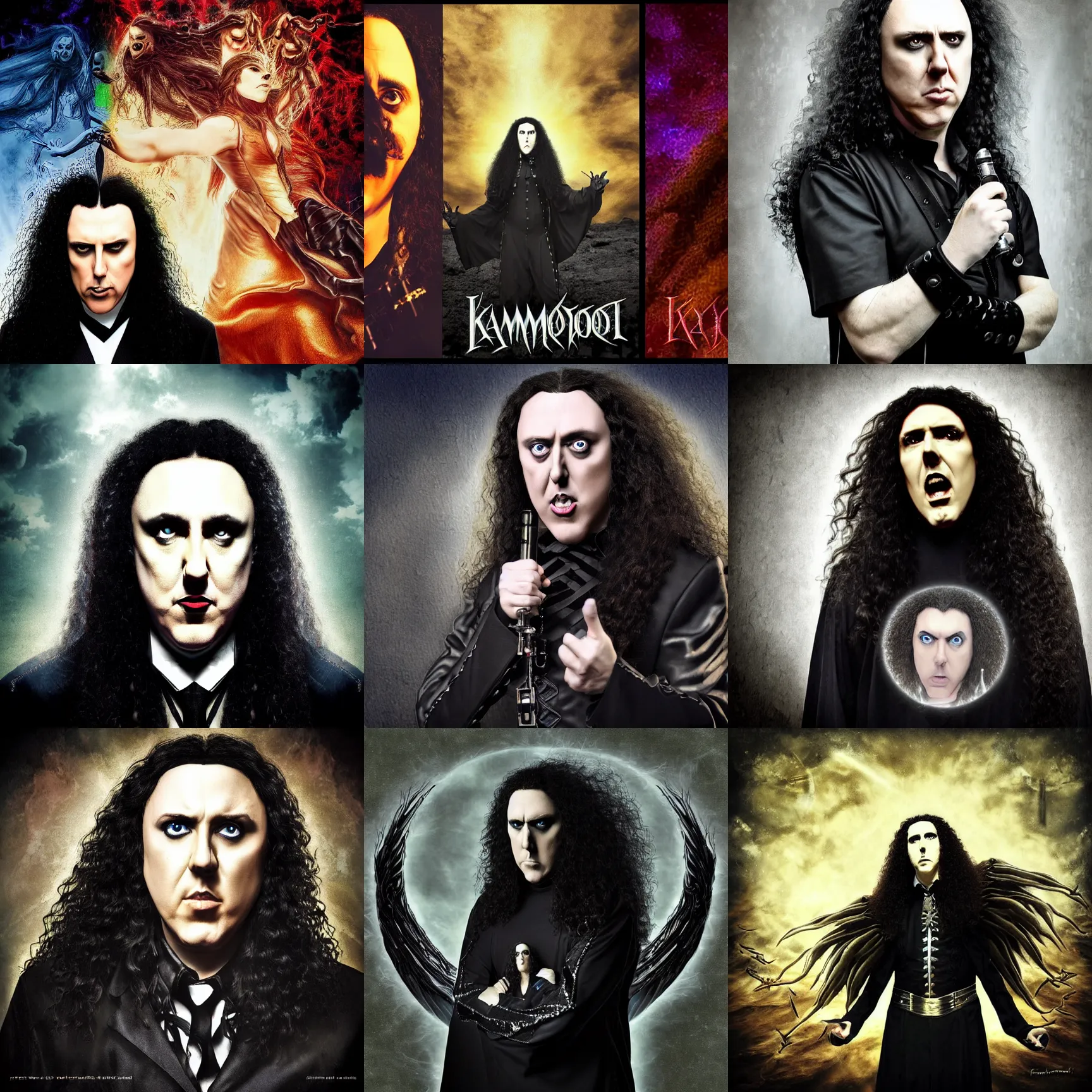 Prompt: kamelot album cover, photo of weird al yankovic, kamelot album cover featuring photo of weird al yankovic, photoshop collage, power metal album cover, art by stefan heilemann, gothic fantasy, trending on artstation