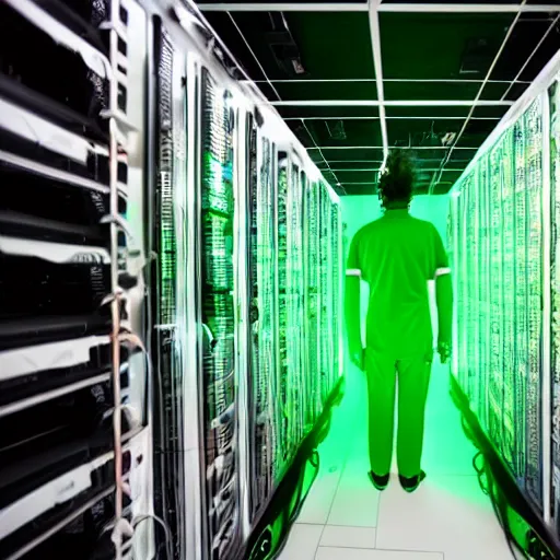 Image similar to man standing in Computer server room on fire with green eyes 8k resolution stunning