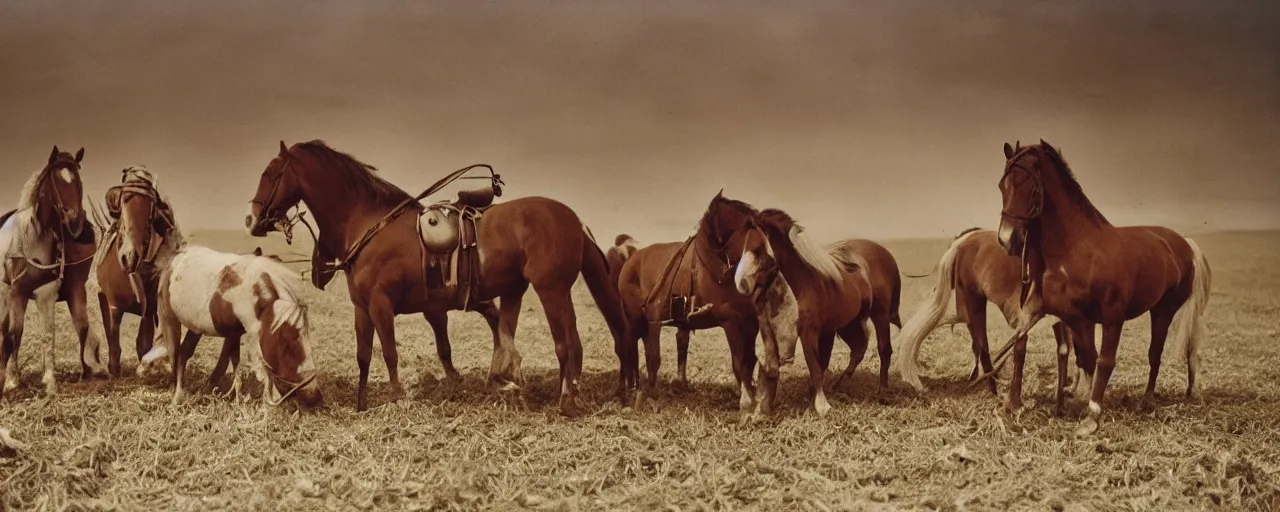 Image similar to horses eating spaghetti, battle of the somme, world war 1, canon 5 0 mm, kodachrome, in the style of wes anderson, retro