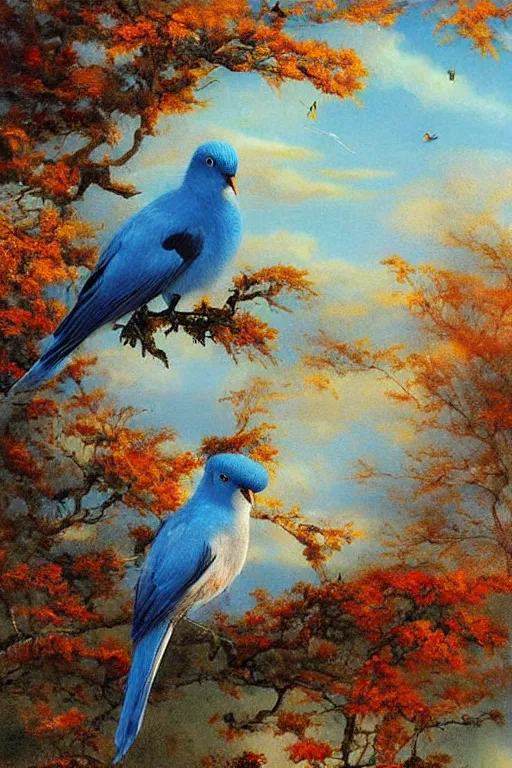 Prompt: meticulous painting, A small, delicate bird with pale blue plumage and long, skinny legs. It is hopping on the ground, searching for food. The background is a beautiful blue sky on a autumn day. by xue ji, bian luan, Ferdinand Knab, bob ross