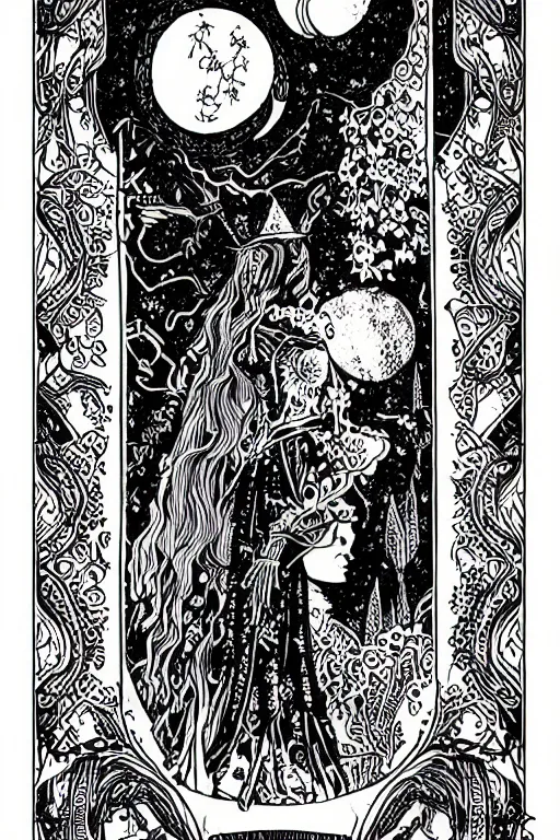 Prompt: tarot card, dream wanderer and the moon, belladonna plant, pen and ink, intricate line drawings, vector design, Artgerm