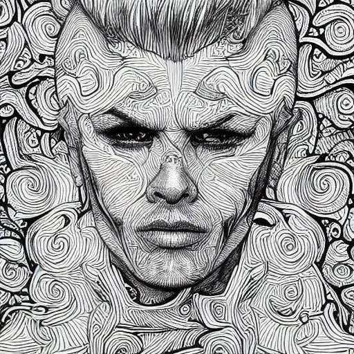 Image similar to Billy Idol, high detail, photorealistic, intricate line drawings, dotart, album art in the style of James Jean