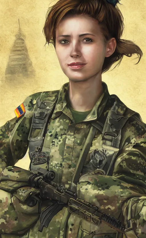 Image similar to portrait of a female soldier, highly detailed, high resolution, military camp in the background, the front of a trading card, illustration, stunning, marginal operation, bokeh soft, matte, 100mm, by professional photographer, by shibafu, by shizuma yoshinori, studio mappa, realistic human anatomy, realistic military carrier, modern warfare, realistic weapon, shot with a arriflex 35 ii, low saturation, small eyes