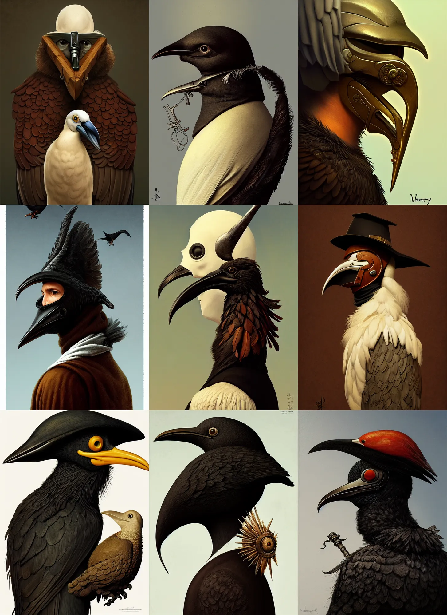 Prompt: rpg! profile! portrait of humanoid bird on white background, beak, feathers, plague doctor, intricate, highly detailed, digital painting, artstation, concept art, smooth, sharp focus, illustration, art by norman rockwell emiliano ponzi andrey remnev yoann lossel aaron jasinski, 8 k