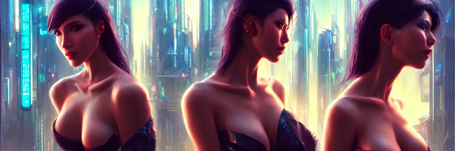 Image similar to portrait of a sensual female humanoid in a cyberpunk cityscape, half body cropping, elegant glamor pose, perfect anatomy, bokeh, hyper photorealistic, crispy quality, digital photography, art by pascal blanche, art by artgerm, art by greg rutkowski,