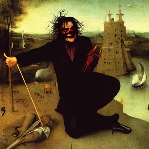 Image similar to portrait of the joaquin phoenix as joker, laughing, drama, chaos matte painting by hieronymus bosch and zidislaw beksinsky
