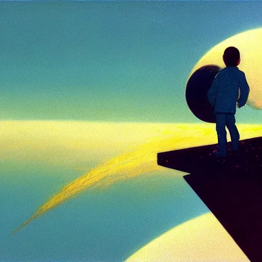 Prompt: atmospheric painting of a boy flying in the sky by moebius and john harris, atmospheric, concept art, saturation 2