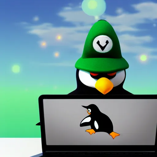 Image similar to penguin from linux with a luigi hat sits in front of a laptop, background is a room filled with anime posters, digital art, blender, 4 k