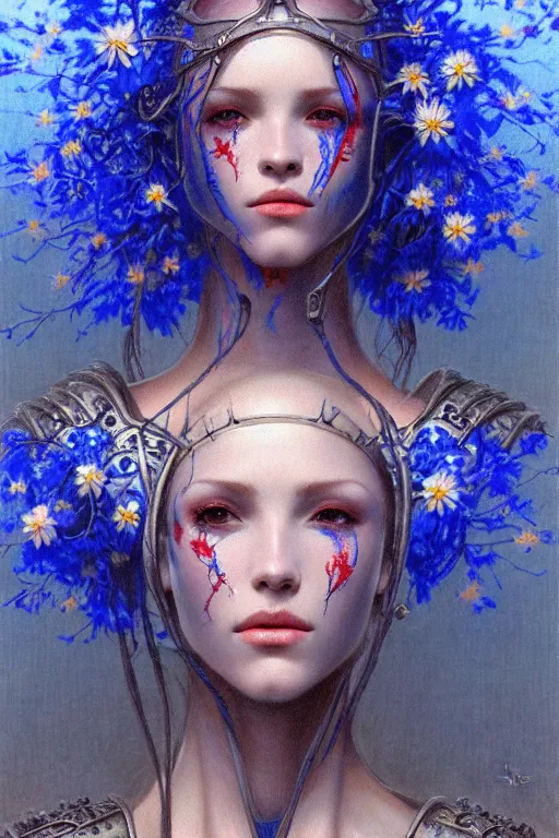 Image similar to portrait of beautiful young mainem, warhammer, russian style, cyber armor with scars, a lot of more scars, more and more flowers, blue head, the middle ages, highly detailed, artstation, illustration, art by jean delville, 8 k quality