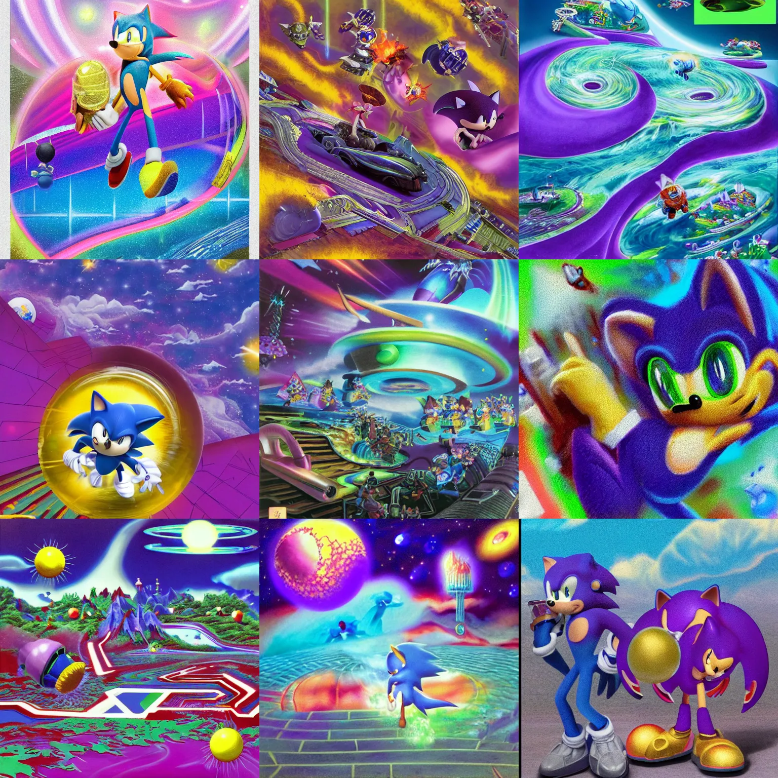 Prompt: dreaming of sonic hedgehog portrait deconstructivist claymation scifi matte painting landscape of a surreal stars, jazz cup detailed professional soft pastels high quality airbrush art album cover of a liquid dissolving airbrush art lsd sonic the hedgehog swimming through cyberspace purple teal checkerboard background 1 9 9 0 s 1 9 9 2 sega genesis rareware video game album cover