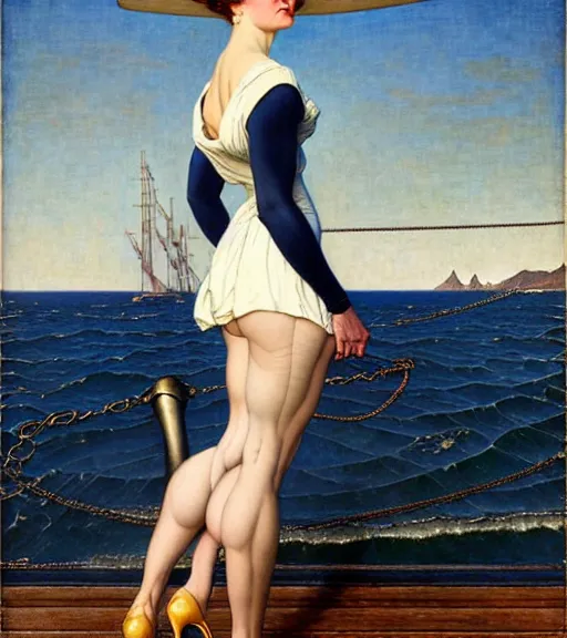 Prompt: a fancy beautiful young lady standing on a wharf at the edge of the sea by brom and gil elvgren and jean delville and william blake and norman rockwell and michael whelan, crisp details, hyperrealism, high detail, high contrast, low light, stylish navy blue heels, gold chain belt, cream colored blouse