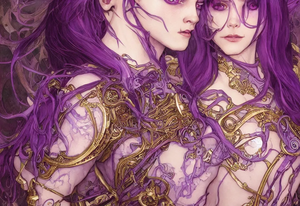 Prompt: vampire with purple hair in sci - fi bionic armor, highly detailed, very intricate, art nouveau, gold filigree, romantic storybook fantasy, soft cinematic lighting, award - winning, disney concept art watercolor illustration by mandy jurgens and alphonse mucha and alena aenami, pastel color palette, featured on artstation