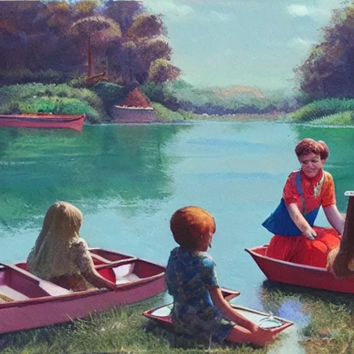 Image similar to The land art depicts a group of well-dressed women and children enjoying a leisurely boat ride on a calm day. The women are chatting and laughing while the children play with a toy boat in the foreground. alternate dimensions by Tibor Nagy, by Ken Kelly angular, doom