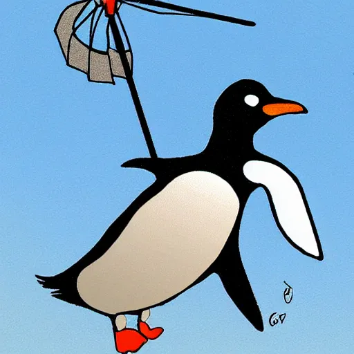 Image similar to penguin on a flying windmill by greg ruthkowski