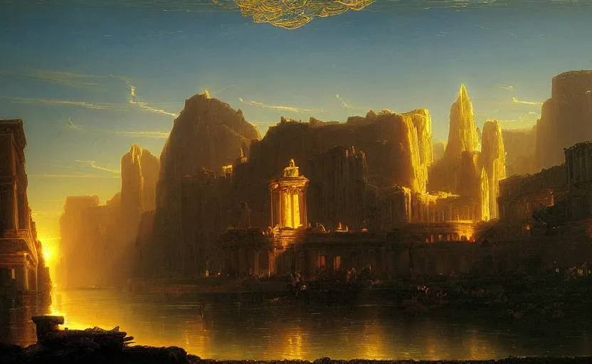 Image similar to a city of light under the ancient runs by thomas cole