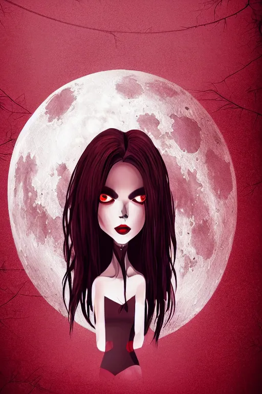 Prompt: central close-up portrait of a mature dark witch in front of the full big moon, sinister atmosphere, red background, vector graphic, detailed, full HD, 4k, 8k, 1080p