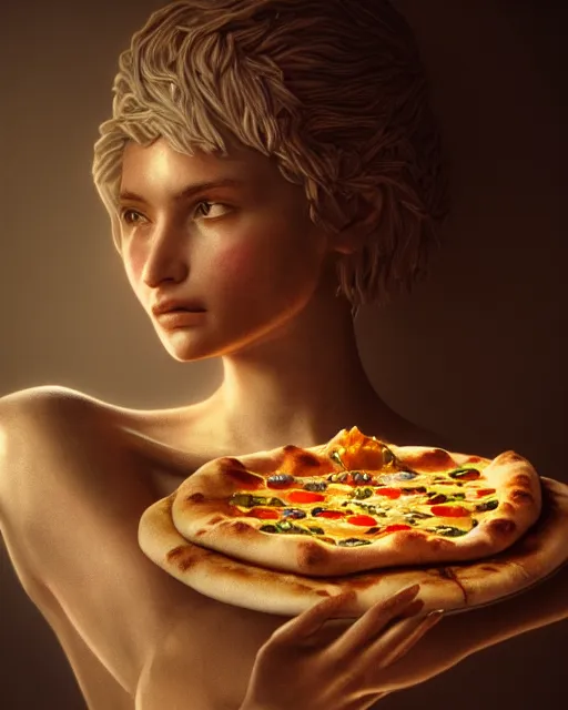 Image similar to Beautiful art portrait of statue of a female made of pizza, atmospheric lighting, intricate detail, cgsociety, hyperrealistic, octane render, RPG portrait, ambient light, dynamic lighting,