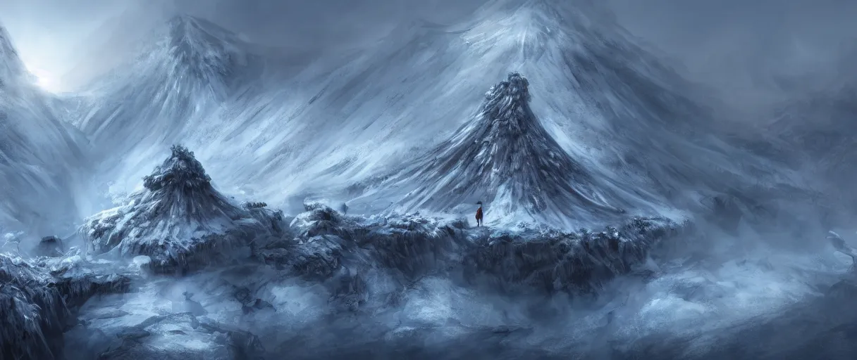 Prompt: digital painting of a frozen ice covered volcano, style sekiro, concept art, high angle, high detail, cold lighting, dark, vivid, beautiful, trending on artstation, by Jordan grimmer, no focus, huge scene, terrain visible