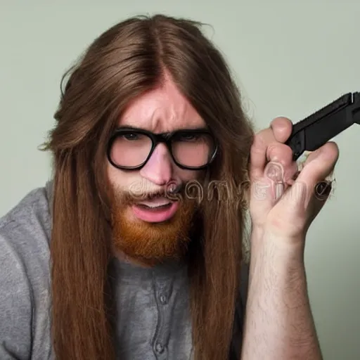 Prompt: full body photo of a guy with chestnut hair long hair glasses as a hostage stock image