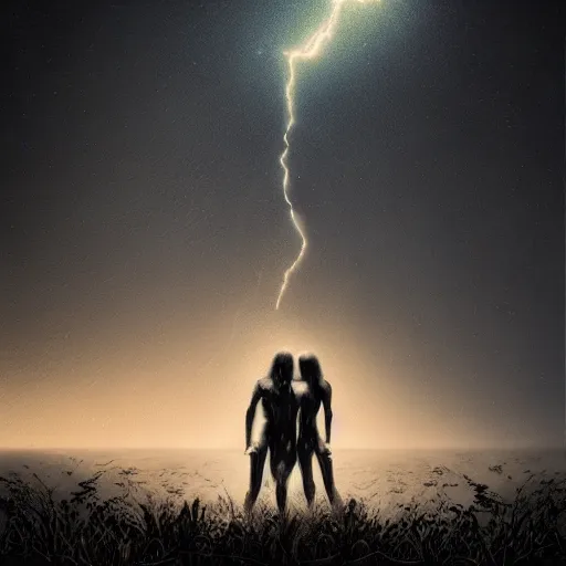 Prompt: Adam and Eve portrait in dark landscape in the style of Taras Susak , intricate, epic lighting, cinematic composition, hyper realistic, 8k resolution,