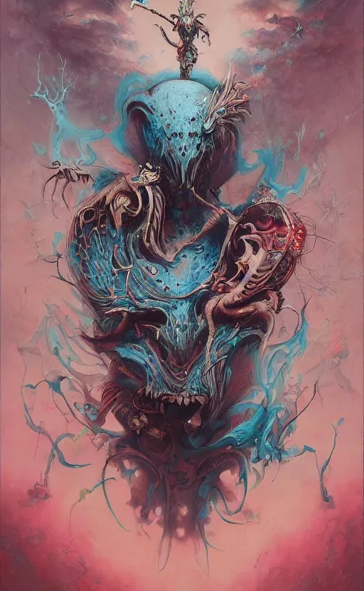 Image similar to a biomorphic painting of a warrior with edgy armor and eyeballs in it, a surrealist painting by Nychos, by Peter Mohrbacher, by Beksinski, pastel blues and pinks, featured on artstation, metaphysical painting, oil on canvas, fluid acrylic pour art, airbrush art,