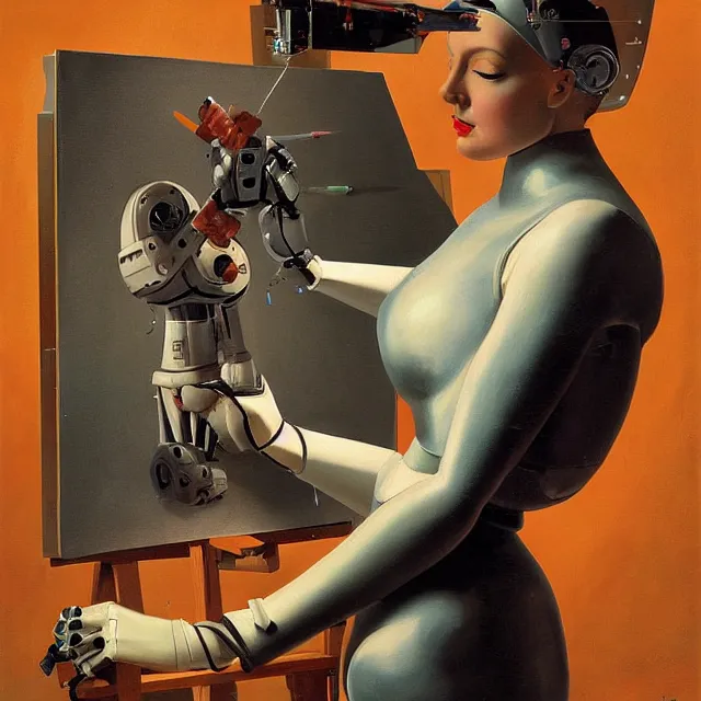 Image similar to robot artist painting a self - portrait on a canvas. detailed digital matte painting in the style of gil elvgren and in the style of wayne barlowe. irony, recursion, inspiration.