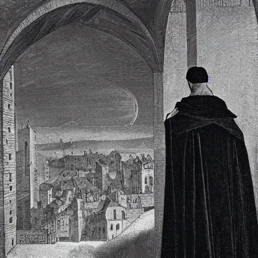 Image similar to a man in a black cloak gazing into a medieval city