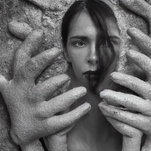 Image similar to a portrait of a woman made entirely of hands and fingers, soft sunlight dappling on her, she holds a hand puppet, in ancient airy building, award-winning photo