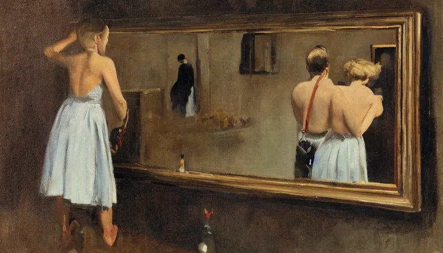 Image similar to painting by borremans, man back standing in front on the mirror in opera theatre and blond hairs woman with fish tank, detailed, stunning