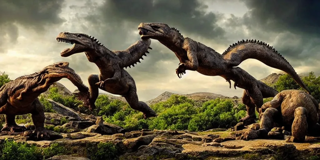 Image similar to amazing prehistoric landscape photo of tyrannosaurus and komodo fighting beside mount olympus, greek doric ionic corinthian fountain, beautiful dramatic lighting