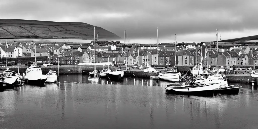 Prompt: a pin-hole camera photograph of the harbour at Stromness orkney,