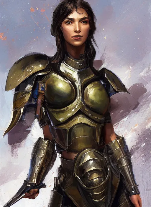 Image similar to a professional painting of a beautiful young female, clothed in military armor, olive skin, long dark hair, beautiful bone structure, symmetrical facial features, intricate, elegant, digital painting, concept art, smooth, sharp focus, illustration, from Knights of the Old Republic, by Ruan Jia and Mandy Jurgens and Artgerm and William-Adolphe Bouguerea