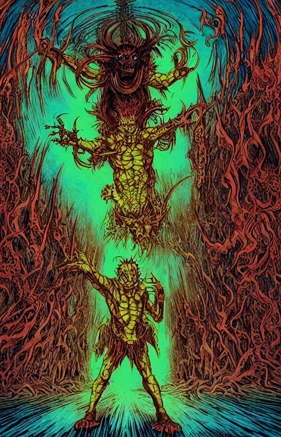 Prompt: A photograph of a hellspawn demon greeting souls of sinners at the gates of the River Styx by Dan Mumford and Josan Gonzalez: 1, black border: 0.75, by Utagawa Kuniyoshi and Stephen Gammell: 0.5, vibrant: 0.75, psychedelic, green: 0.25, blue: 0.25