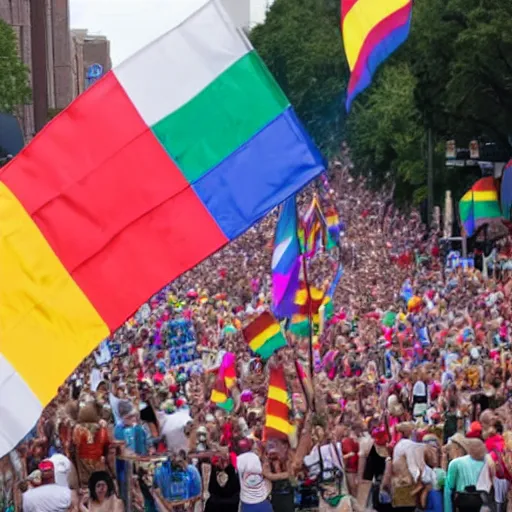 Image similar to donald trump waving a rainbow flag at a pride parade