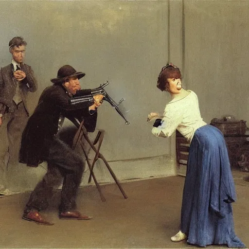 Image similar to actress rehearsing an action scene with revolver by alfred stevens