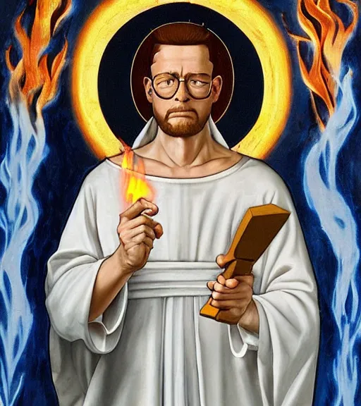 Image similar to hank hill wearing a white toga, emerging from blue fire, surrounded by blue flames, renaissance religious painting, late gothic religious paintings, byzantine religious art, painting by duccio di buoninsegna and carlo crivelli, trending on artstation