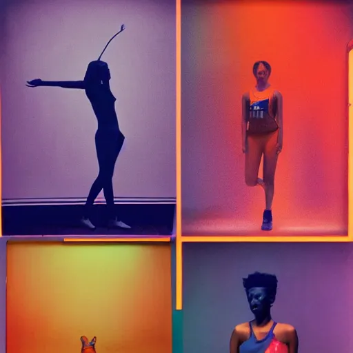 Image similar to nike campaign in the style of tyler mitchel, blue rays, redshift, wide shot, coloured polaroid photograph, pastel, kodak film, hyper real, stunning moody cinematography, by maripol, fallen angels by wong kar - wai, 3 5 mm, style of suspiria and neon demon, david hockney, detailed, film photography