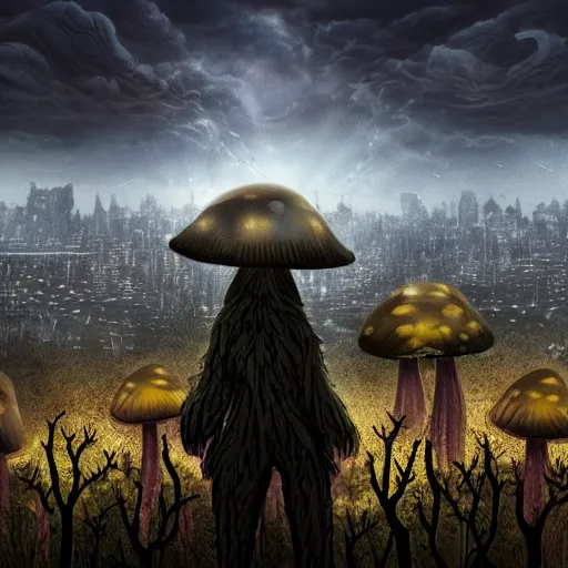 Prompt: a nightmarish creature looming over a city on the horizon, a mushroom forest