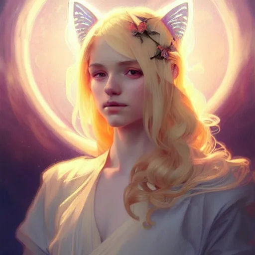 Image similar to Portrait of a girl angel with blonde hair, cat ears, glowing halo, wings, fantasy, intricate, elegant, highly detailed, digital painting, artstation, concept art, smooth, sharp focus, illustration, art by Krenz Cushart and Artem Demura and alphonse mucha