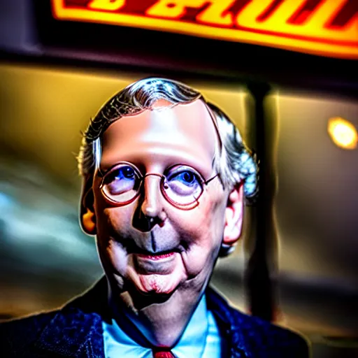 Prompt: photograph portrait of Mitch McConnell entering a pizza shop, sigma 85mm f/1.4, 4k, depth of field, high resolution, 4k, 8k, hd, full color