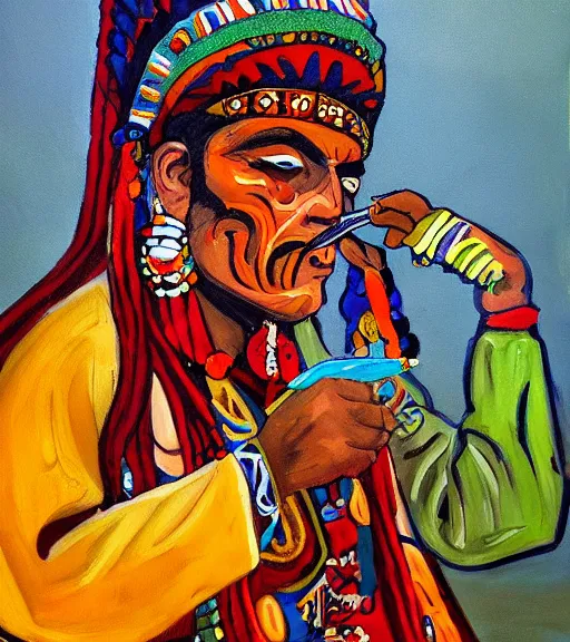 Image similar to Painting of a shaman dressed in a colorful traditional clothes. He is smoking a pipe and blowing out smoke which is morphing into fractals