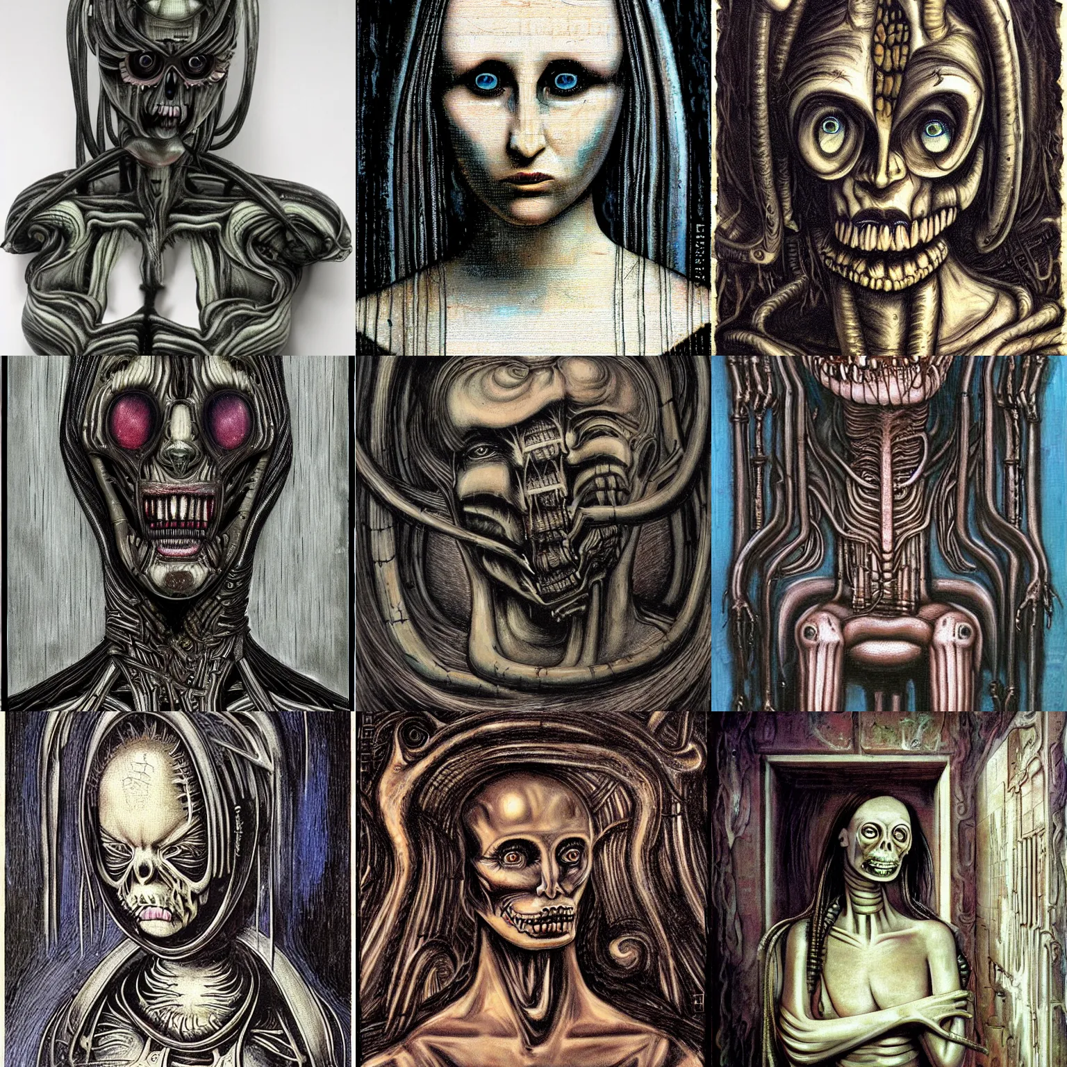 Prompt: ( ( ( ( ( monlisa ) ) ) ) ) in the style of h. r. giger!!!!!
