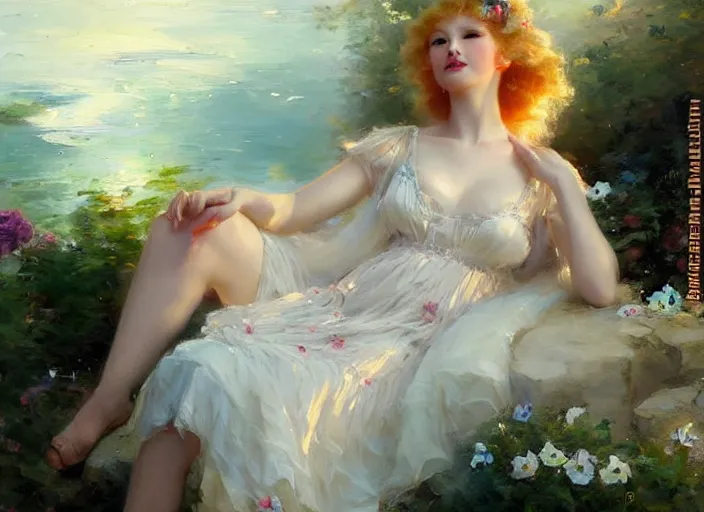 Image similar to blonde goddess in a summer dress by wlop and vladimir volegov and alexander averin and delphin enjolras and daniel f. gerhartz