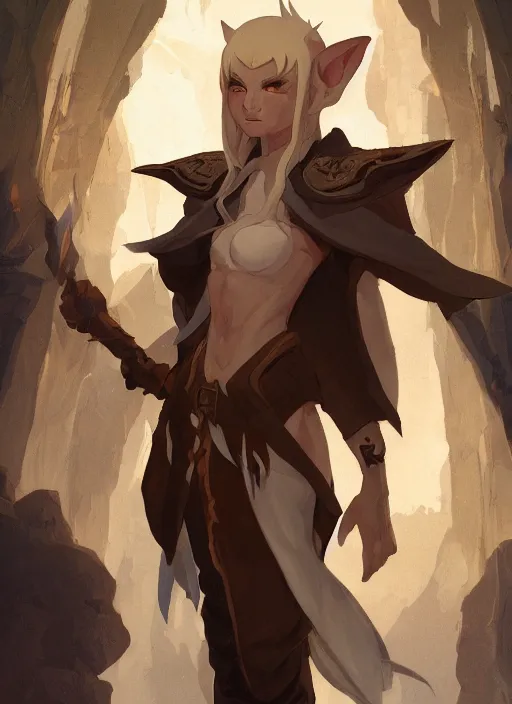 Image similar to concept art painting of an elf with brown skin and short white hair, demon horns, blue tunic and robes, detailed, d & d style, cel shaded, in the style of ruan jia and artgerm and makoto shinkai and james gurney