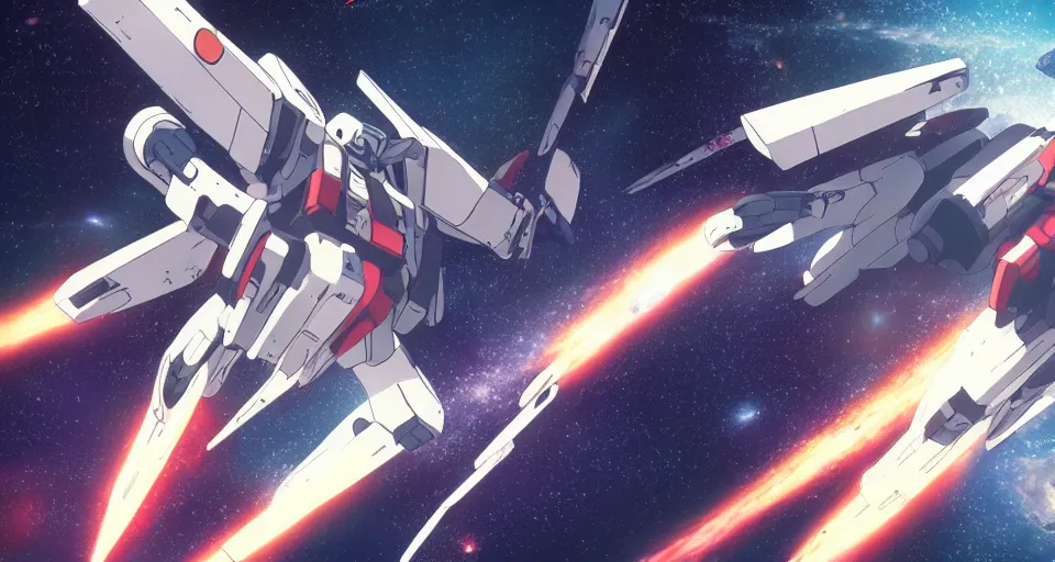 Image similar to RX-78-2 in the science fiction anime series gundam by makoto shinkai, flying through space, beautiful, interstellar, cinematic, shooting star, gundam