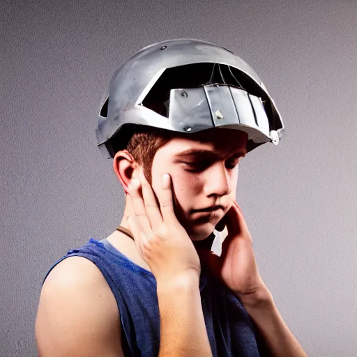 Image similar to portrait of depressed teen, nerds, helmet hair, ugly, male