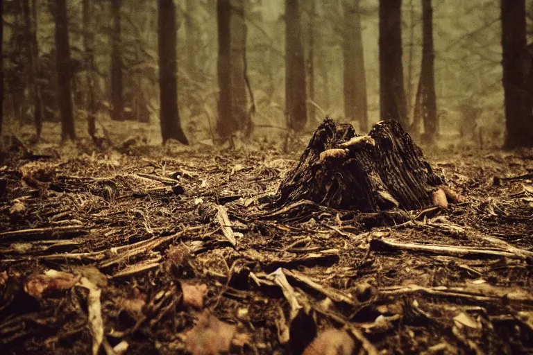 Image similar to terrible dark forest in the depths of which there is a thick butcher in a dirty shirt, chopping meat on a wooden stump, filmed hidden on a phone camera, Cinematic, wildlife photography, 35mm, photo on iphone