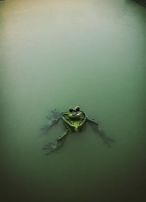 Image similar to “semitranslucent smiling frog amphibian vertically hovering over misty lake waters in crucifix pose, low angle, long cinematic shot by Andrei Tarkovsky, paranormal, eerie, mystical”