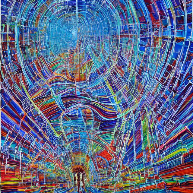 Image similar to very beautiful urban landscape painted by Alex Grey